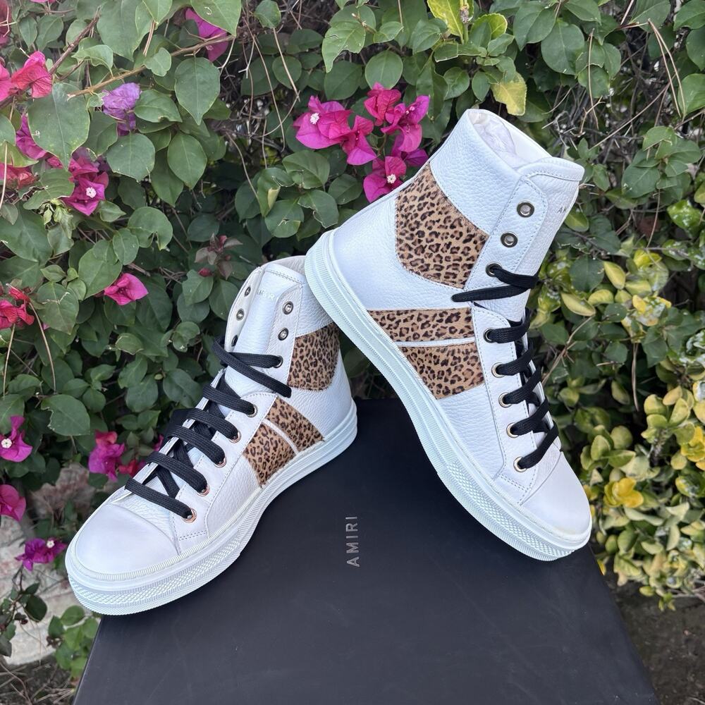 Amiri Sunset High Top Leather Sneakers Leopard Calfhair White Sz 40